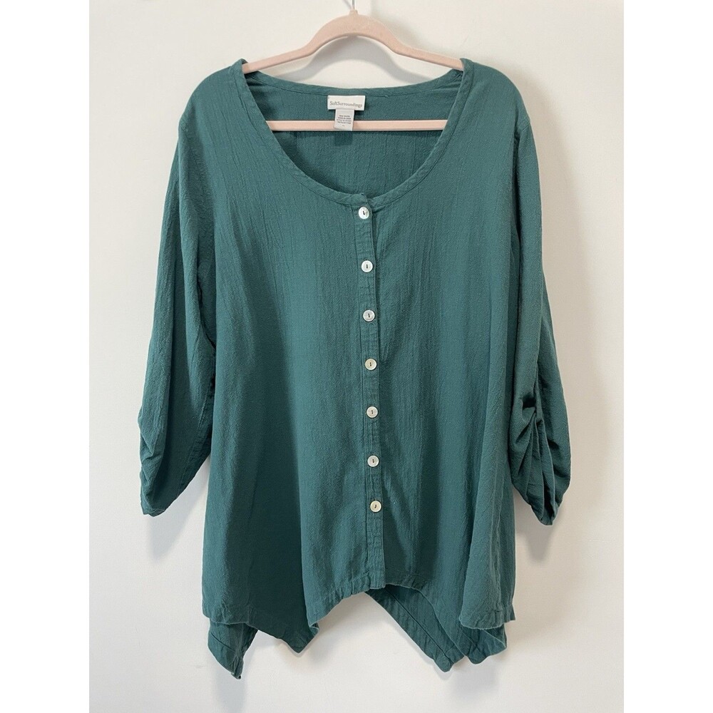 Soft Surroundings Danielle Tunic Top Womens Extra Large XL Teal Button Roll Tab